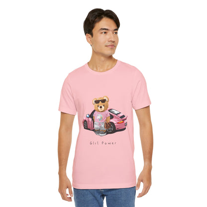 Girl Power Bear Tee — Cute Pink Car Teddy Graphic T-Shirt