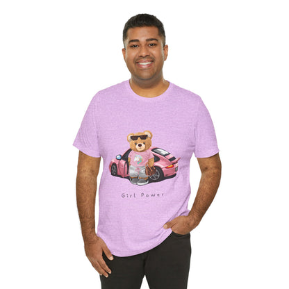 Girl Power Bear Tee — Cute Pink Car Teddy Graphic T-Shirt