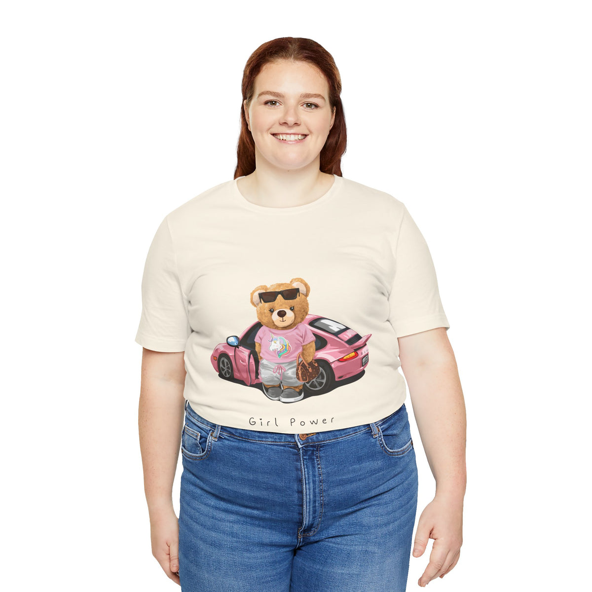 Girl Power Bear Tee — Cute Pink Car Teddy Graphic T-Shirt