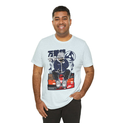 Anime Sneakerhead Tee — Sitting Character on Shoe Boxes with Japanese Text