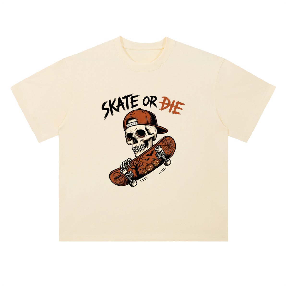 Skate or Die Skeleton Skateboarding Graphic Drop Shoulder Tee