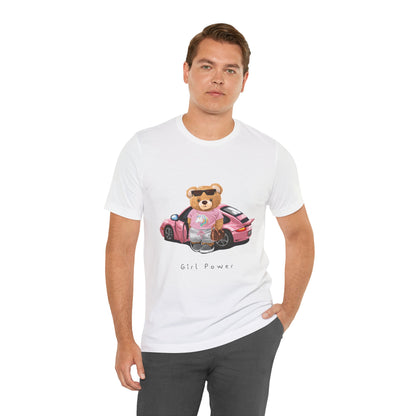 Girl Power Bear Tee — Cute Pink Car Teddy Graphic T-Shirt