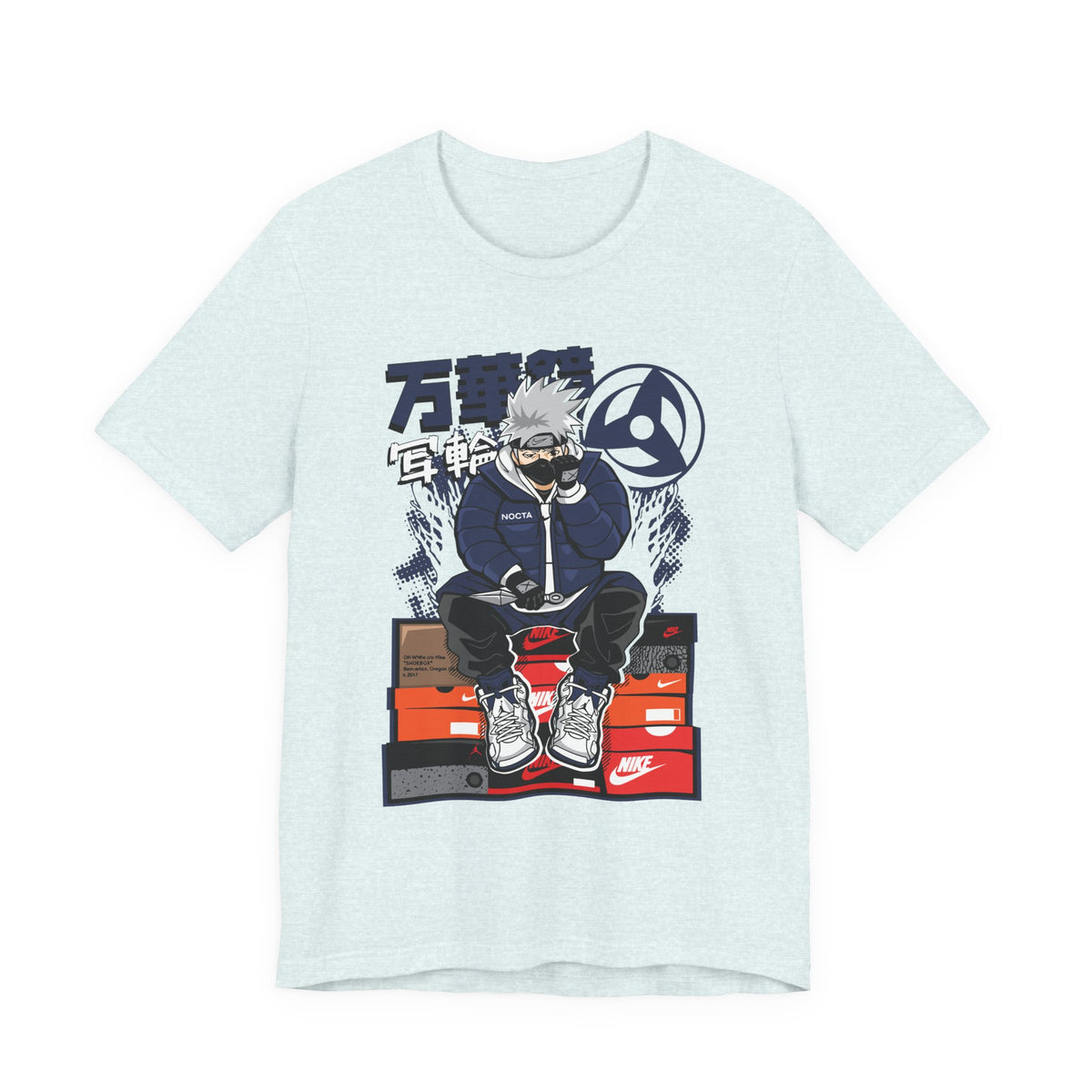 Anime Sneakerhead Tee — Sitting Character on Shoe Boxes with Japanese Text