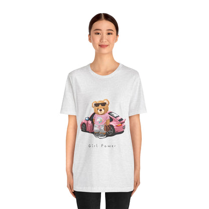 Girl Power Bear Tee — Cute Pink Car Teddy Graphic T-Shirt