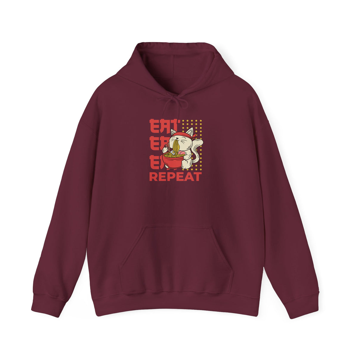 Eat Eat Eat Repeat Hoodie — Cute Cat Eating Ramen Graphic Sweatshirt