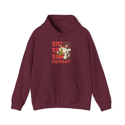 Eat Eat Eat Repeat Hoodie — Cute Cat Eating Ramen Graphic Sweatshirt