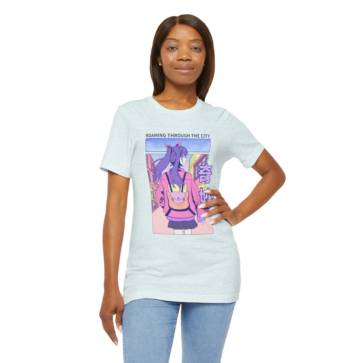 Roaming Through The City Anime Girl Tee — Vaporwave Cityscape Shirt