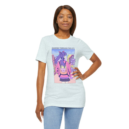 Roaming Through The City Anime Girl Tee — Vaporwave Cityscape Shirt