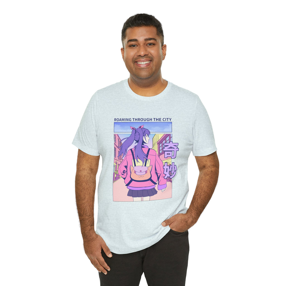 Roaming Through The City Anime Girl Tee — Vaporwave Cityscape Shirt