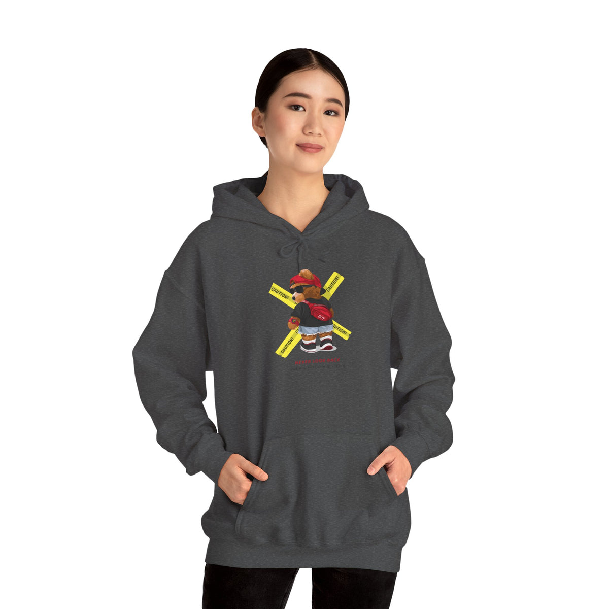 Hockey Bear Graphic Hoodie — 'Never Give Up' Cozy Skate Sweatshirt