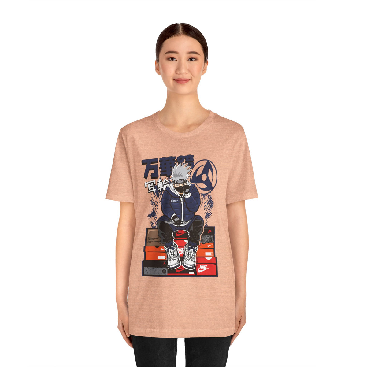 Anime Sneakerhead Tee — Sitting Character on Shoe Boxes with Japanese Text