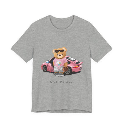 Girl Power Bear Tee — Cute Pink Car Teddy Graphic T-Shirt