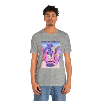 Roaming Through The City Anime Girl Tee — Vaporwave Cityscape Shirt