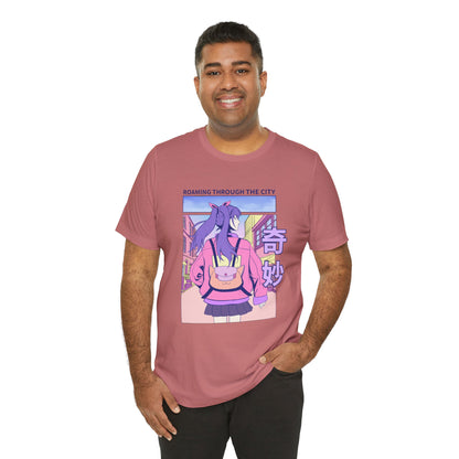 Roaming Through The City Anime Girl Tee — Vaporwave Cityscape Shirt