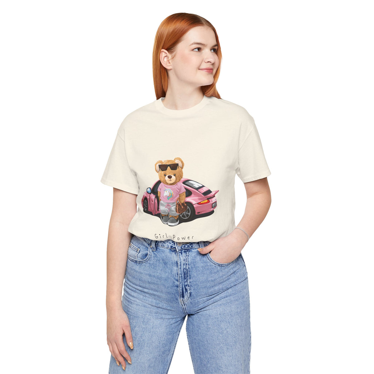 Girl Power Bear Tee — Cute Pink Car Teddy Graphic T-Shirt