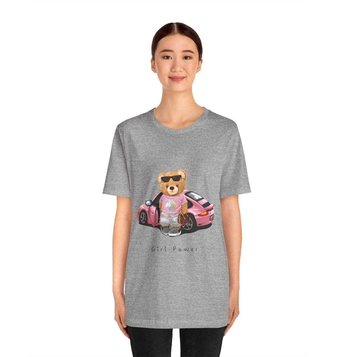 Girl Power Bear Tee — Cute Pink Car Teddy Graphic T-Shirt