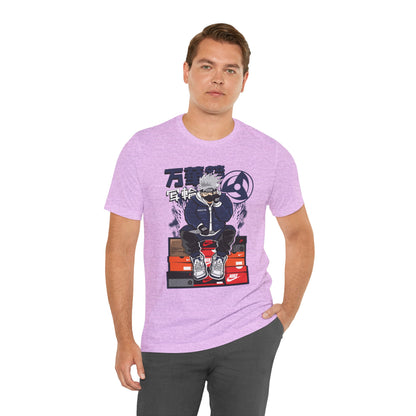 Anime Sneakerhead Tee — Sitting Character on Shoe Boxes with Japanese Text