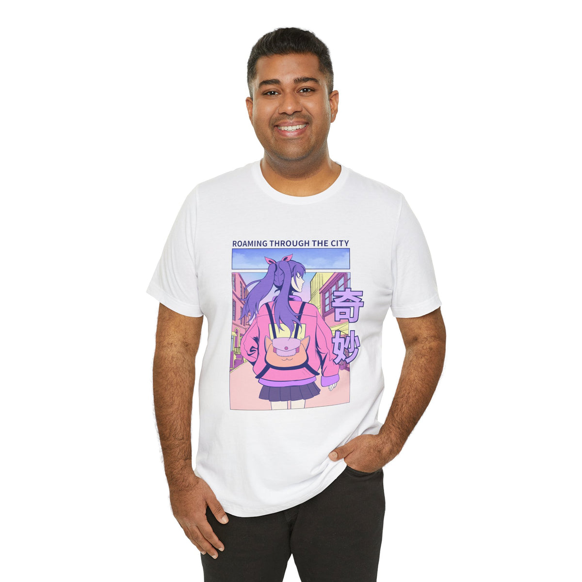 Roaming Through The City Anime Girl Tee — Vaporwave Cityscape Shirt