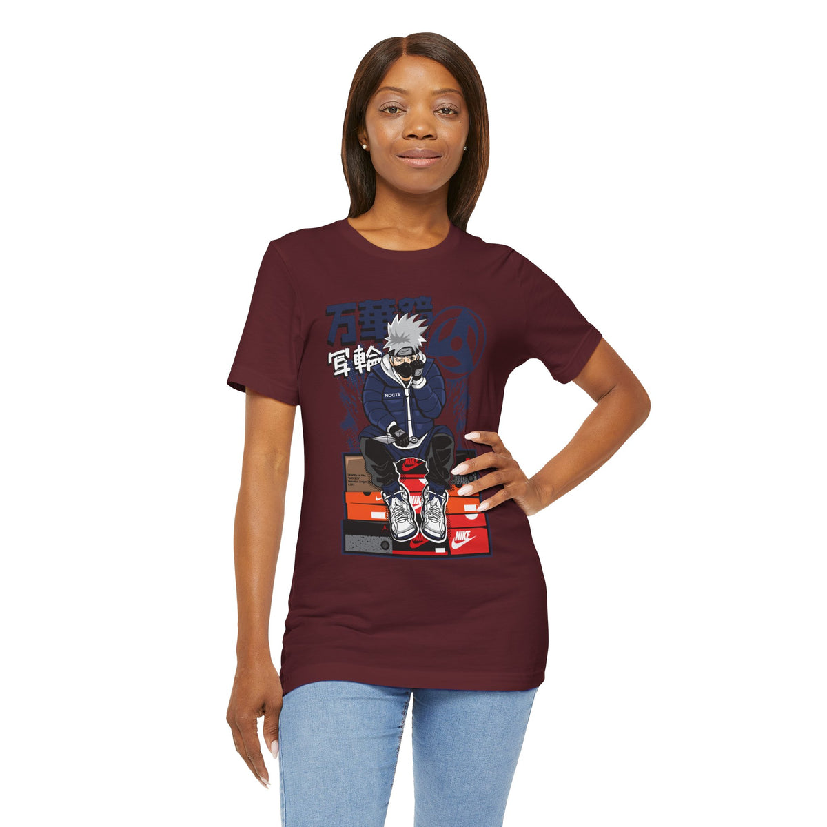 Anime Sneakerhead Tee — Sitting Character on Shoe Boxes with Japanese Text