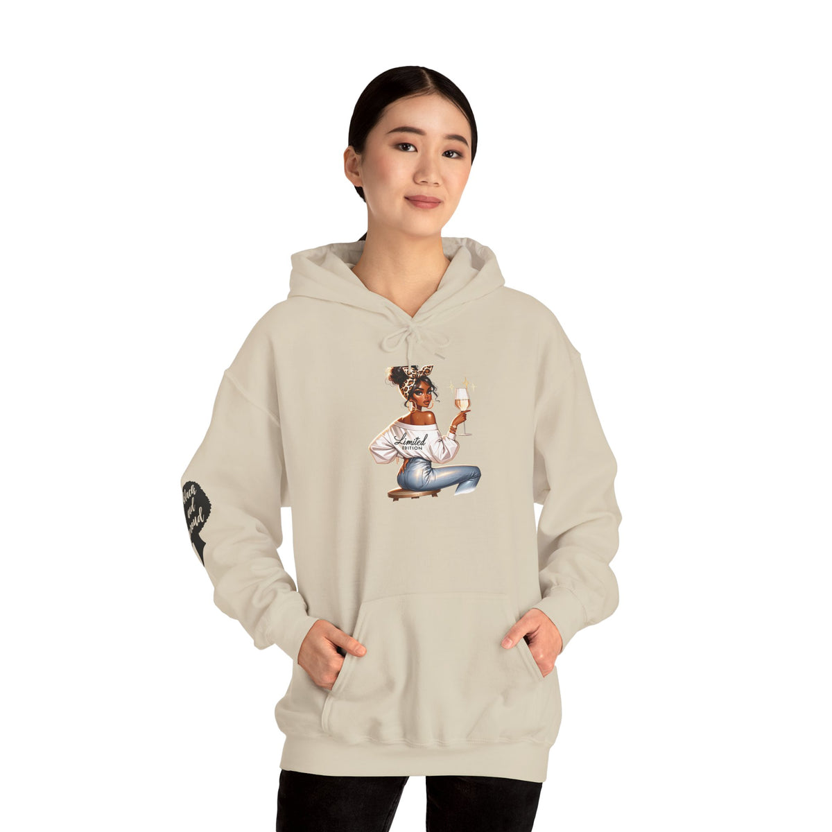 Cozy Chick Hoodie — Fashionable Woman Relaxing with Coffee Graphic Hooded Sweatshirt