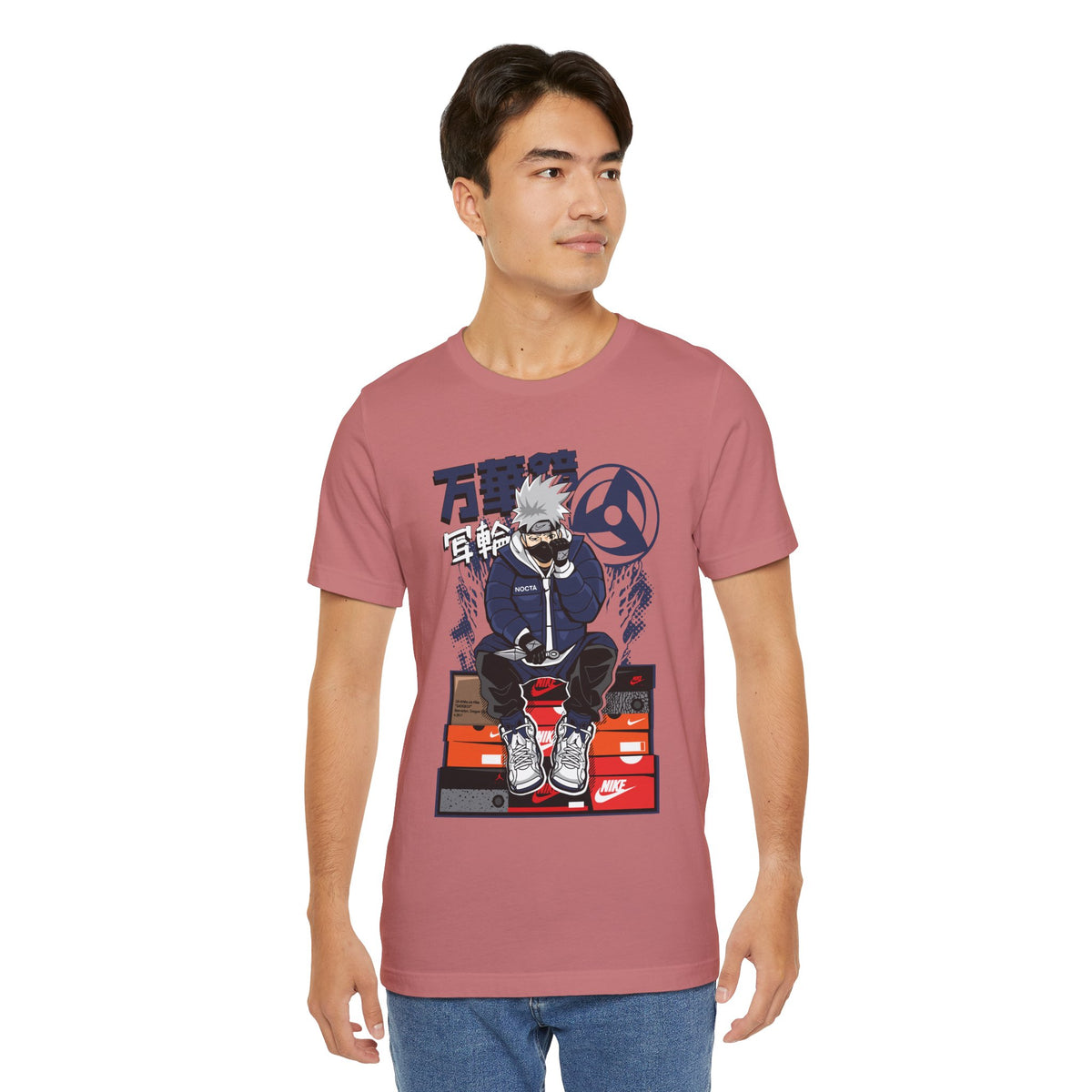 Anime Sneakerhead Tee — Sitting Character on Shoe Boxes with Japanese Text