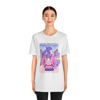 Roaming Through The City Anime Girl Tee — Vaporwave Cityscape Shirt