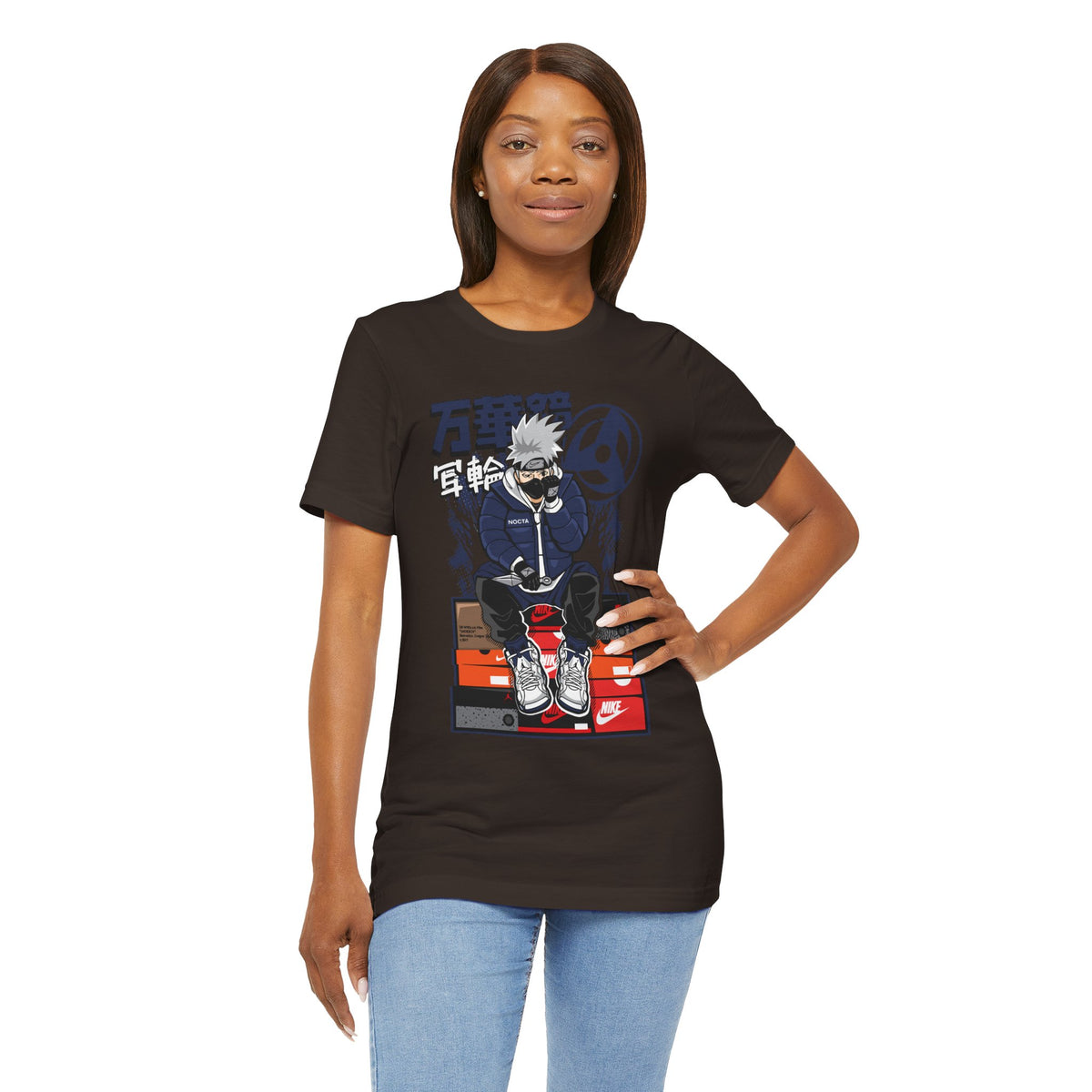 Anime Sneakerhead Tee — Sitting Character on Shoe Boxes with Japanese Text