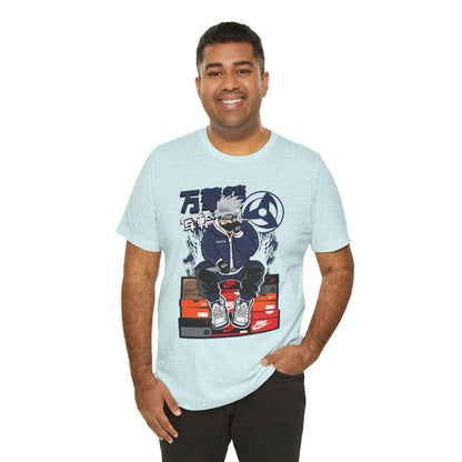 Anime Sneakerhead Tee — Sitting Character on Shoe Boxes with Japanese Text