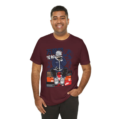 Anime Sneakerhead Tee — Sitting Character on Shoe Boxes with Japanese Text
