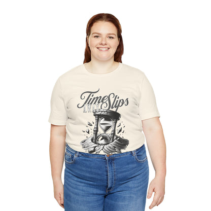Time Slips Hourglass T‑Shirt — Vintage Black & White Graphic Tee