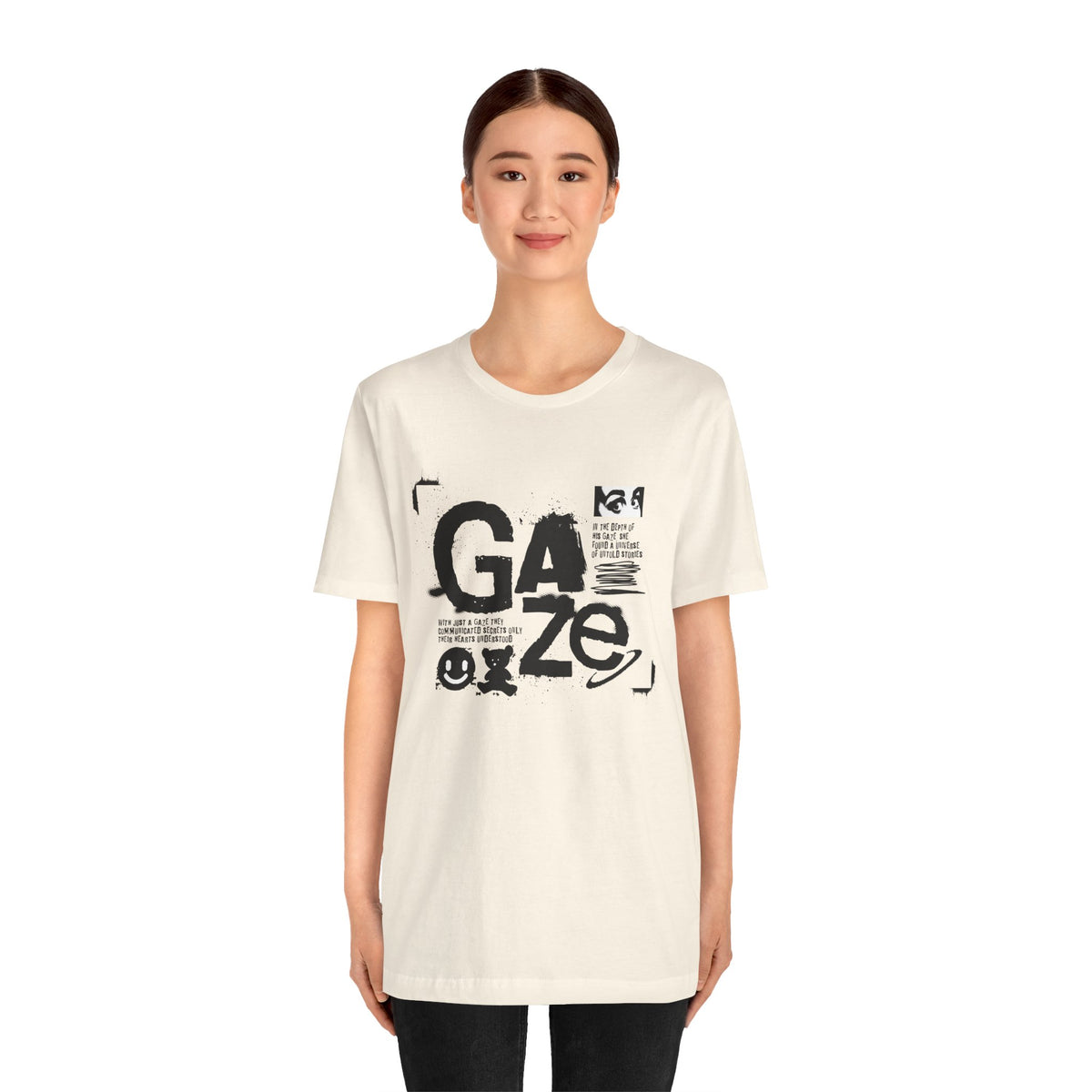 Gaze Typography Graphic Tee — Abstract Monochrome Text Art T-Shirt