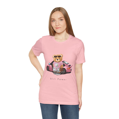 Girl Power Bear Tee — Cute Pink Car Teddy Graphic T-Shirt