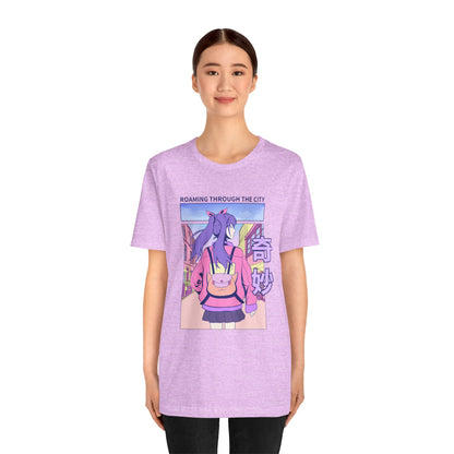 Roaming Through The City Anime Girl Tee — Vaporwave Cityscape Shirt