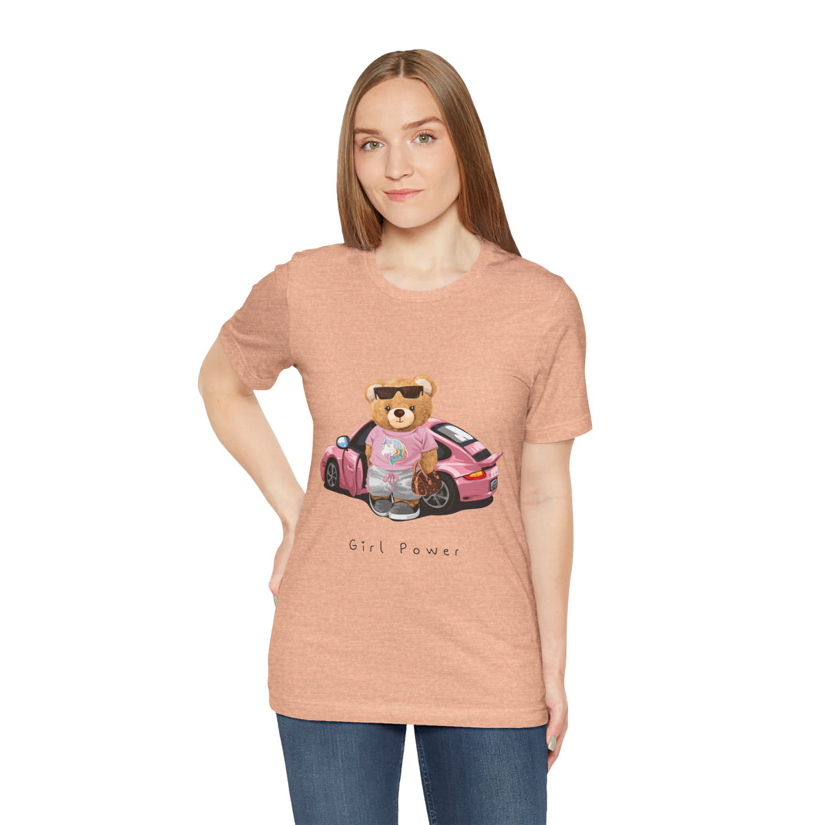 Girl Power Bear Tee — Cute Pink Car Teddy Graphic T-Shirt