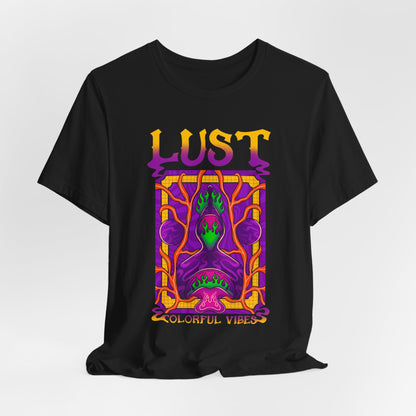 Lust Colorful Vibes Graphic Tee — Psychedelic Tarot-Inspired T-Shirt