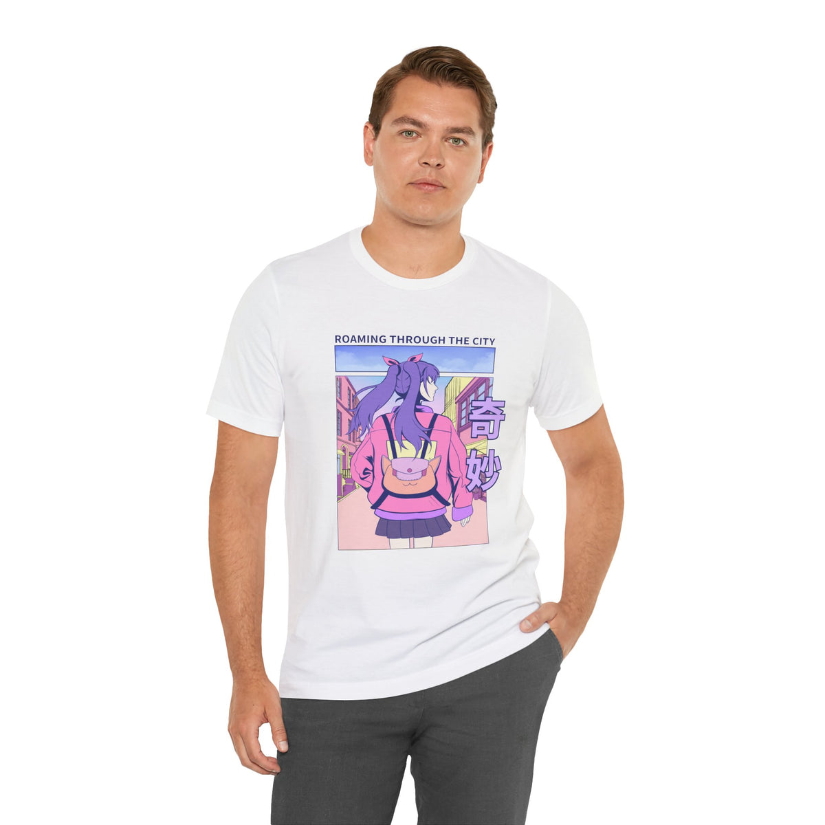 Roaming Through The City Anime Girl Tee — Vaporwave Cityscape Shirt