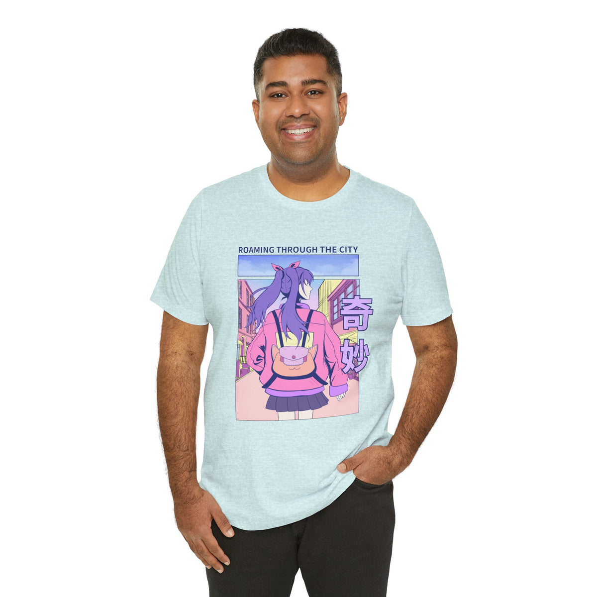 Roaming Through The City Anime Girl Tee — Vaporwave Cityscape Shirt