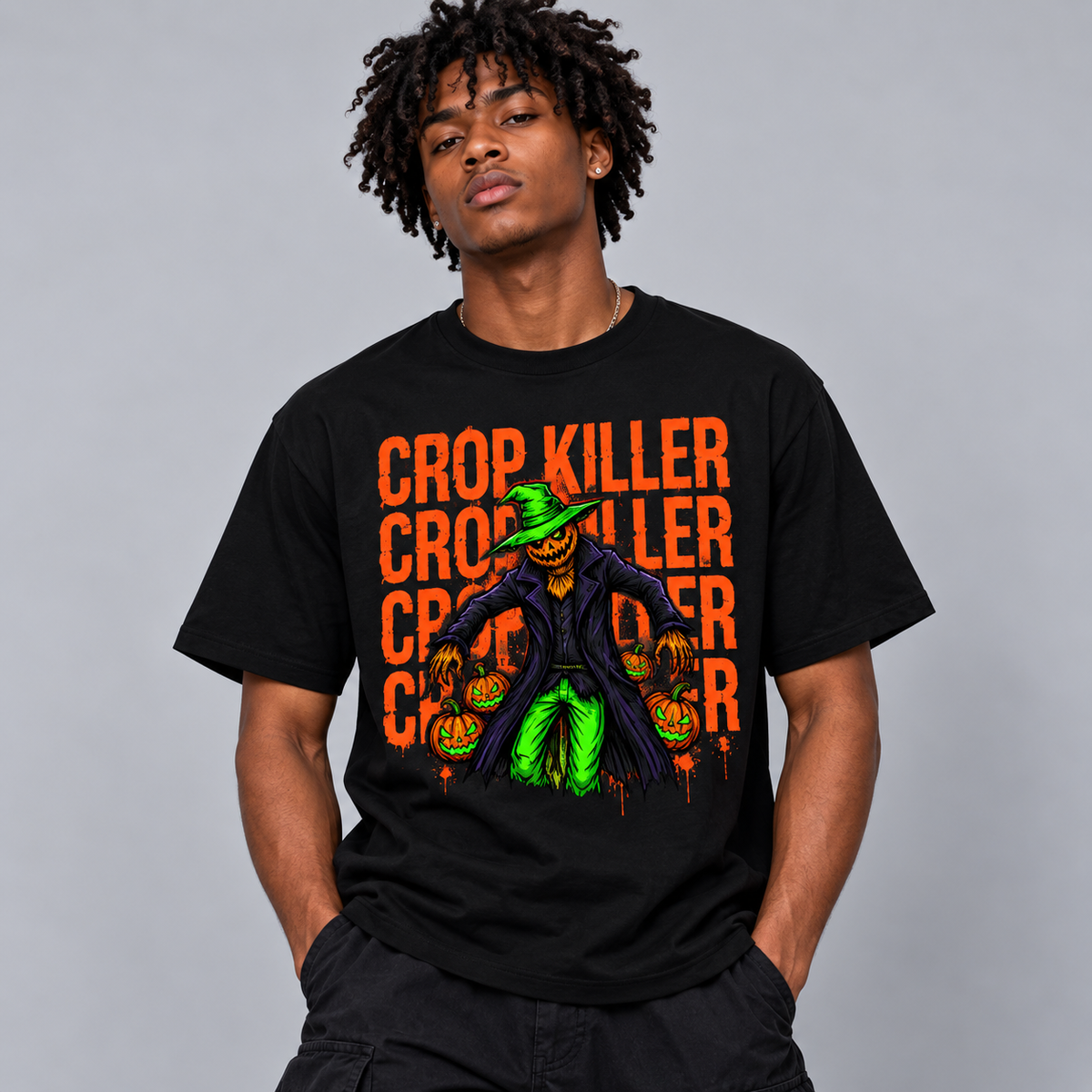 Crop Killer Halloween Scarecrow Graphic Drop Shoulder Tee
