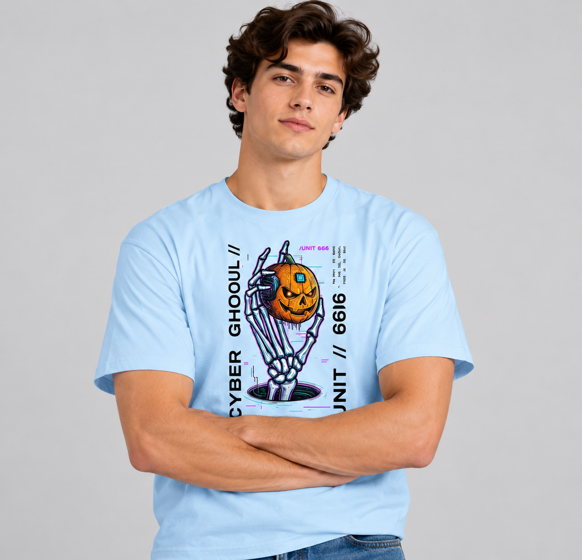 Cyber Punk Unit 666 Pumpkin Graphic Drop Shoulder Tee