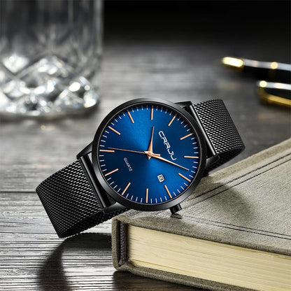 CRRJU Fashion Mens Watches Ultra Thin Quartz Watch Men Casual Slim Mesh Steel Waterproof Sport Watch Black Relogio Masculino