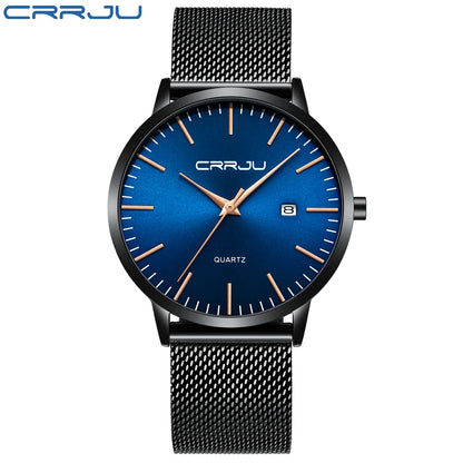 CRRJU Fashion Mens Watches Ultra Thin Quartz Watch Men Casual Slim Mesh Steel Waterproof Sport Watch Black Relogio Masculino