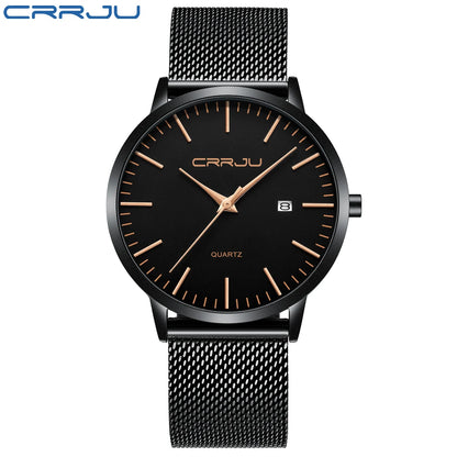 CRRJU Fashion Mens Watches Ultra Thin Quartz Watch Men Casual Slim Mesh Steel Waterproof Sport Watch Black Relogio Masculino