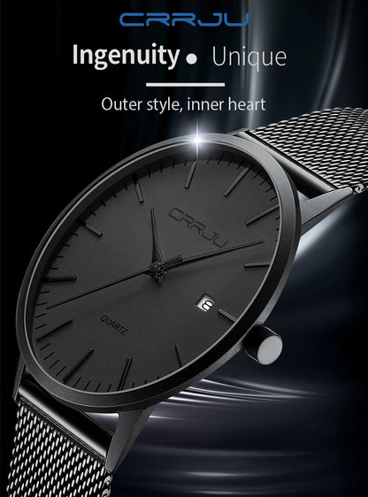 CRRJU Fashion Mens Watches Ultra Thin Quartz Watch Men Casual Slim Mesh Steel Waterproof Sport Watch Black Relogio Masculino