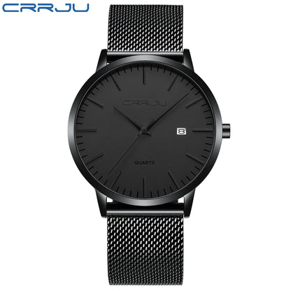CRRJU Fashion Mens Watches Ultra Thin Quartz Watch Men Casual Slim Mesh Steel Waterproof Sport Watch Black Relogio Masculino