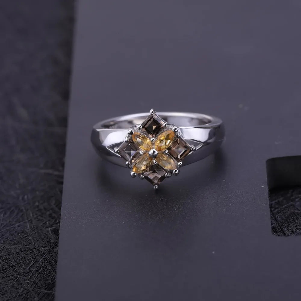 Gem's Ballet Multicolor Natural Smoky Quartz Citrine Cocktail Ring 925 Sterling Silver Flower Rings For Women Fine Jewelry