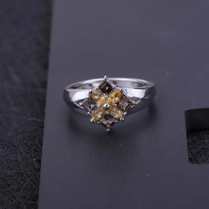 Gem's Ballet Multicolor Natural Smoky Quartz Citrine Cocktail Ring 925 Sterling Silver Flower Rings For Women Fine Jewelry