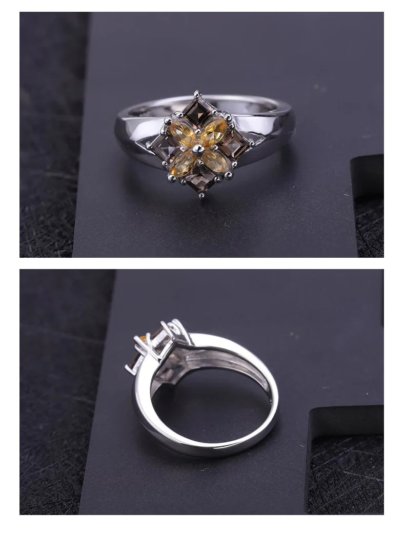 Gem's Ballet Multicolor Natural Smoky Quartz Citrine Cocktail Ring 925 Sterling Silver Flower Rings For Women Fine Jewelry