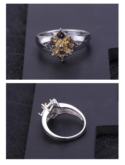 Gem's Ballet Multicolor Natural Smoky Quartz Citrine Cocktail Ring 925 Sterling Silver Flower Rings For Women Fine Jewelry