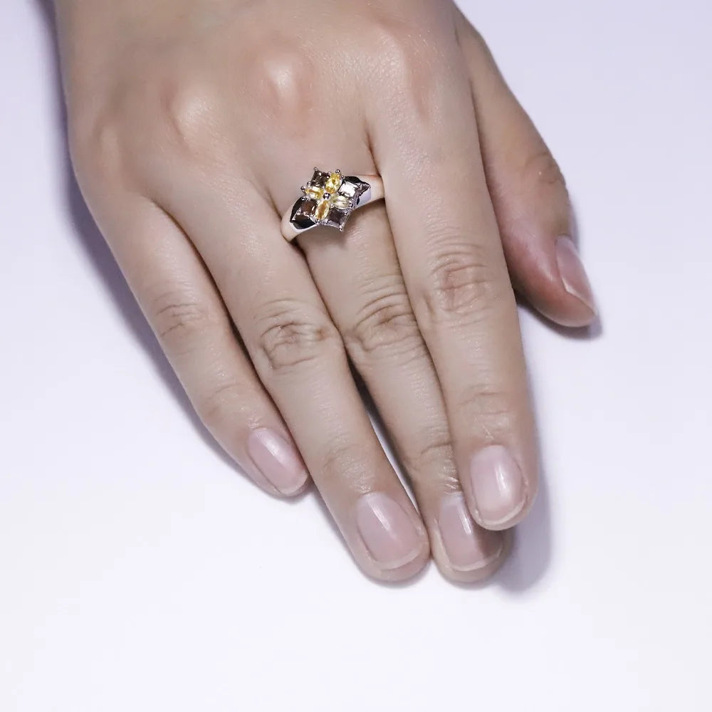 Gem's Ballet Multicolor Natural Smoky Quartz Citrine Cocktail Ring 925 Sterling Silver Flower Rings For Women Fine Jewelry