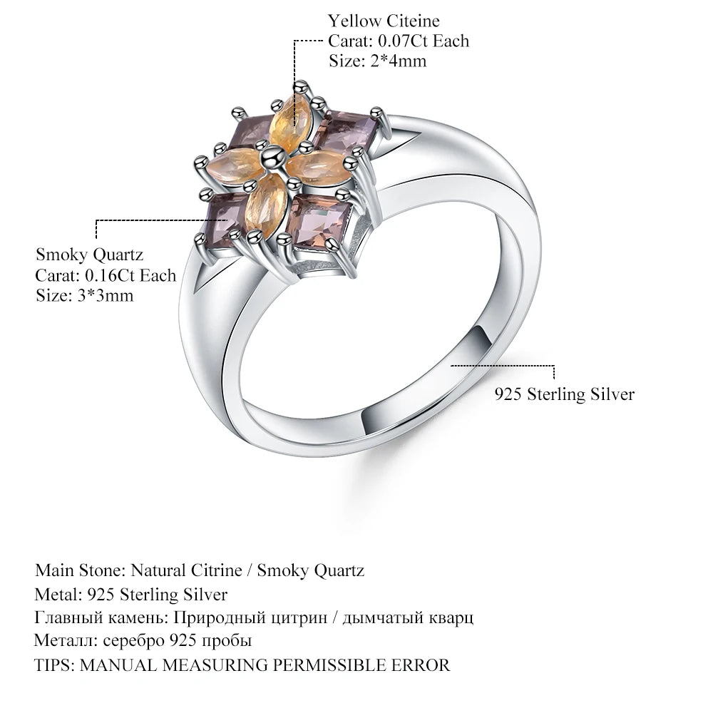 Gem's Ballet Multicolor Natural Smoky Quartz Citrine Cocktail Ring 925 Sterling Silver Flower Rings For Women Fine Jewelry